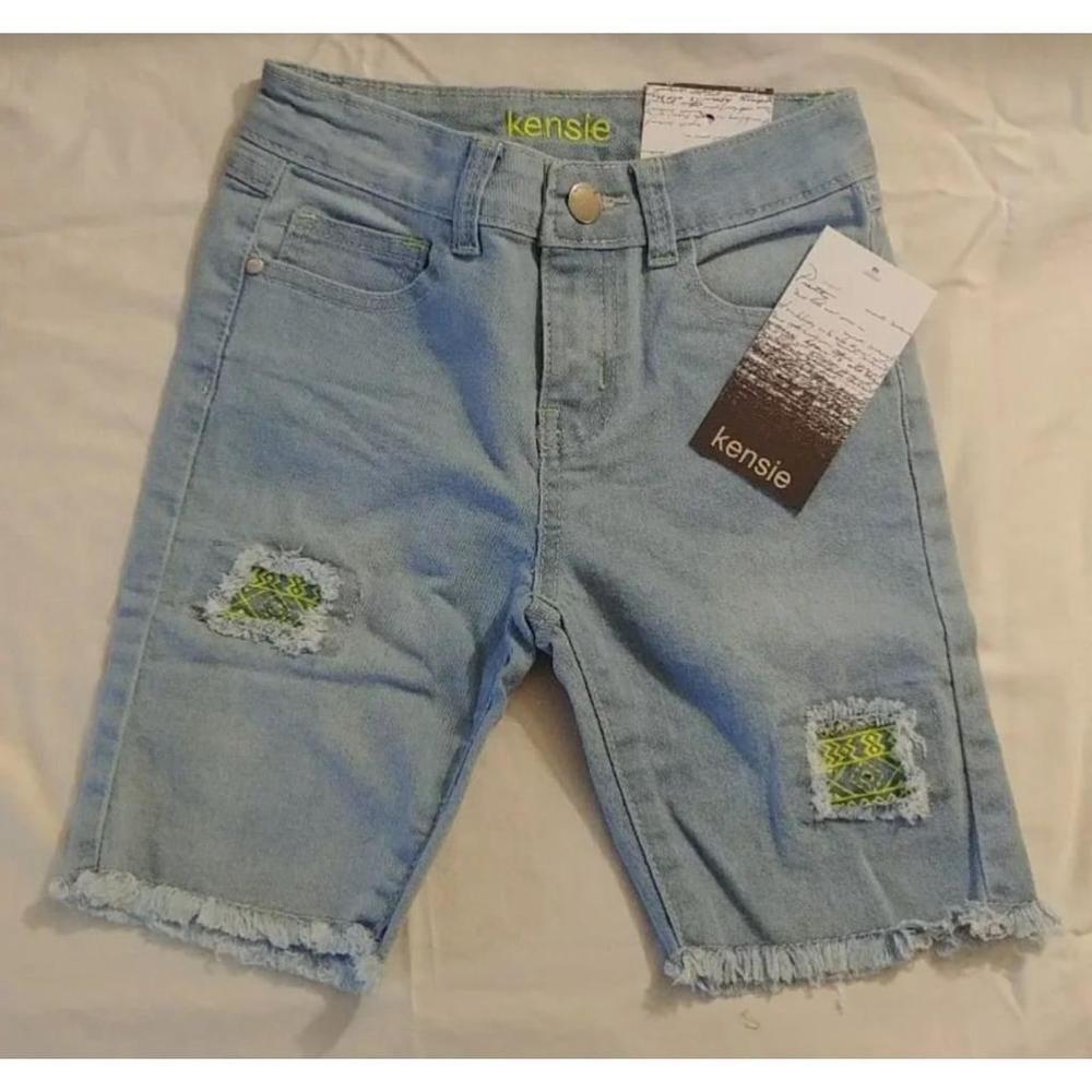 Kensie Girls Distressed Denim with Patches Light Blue Bermuda Shorts 8